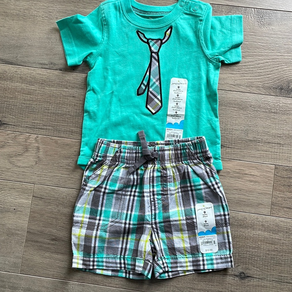 Jumping Beans Bodysuit Plaid Shorts Faux Tie 9 Months NWT